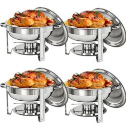 Pack of 4 Round Chafing Dish Full Size 5 Quart Stainless Steel Deep Pans Chafer Dish Set Buffet Catering Party Events Warmer Serving Set Utensils w/Fu