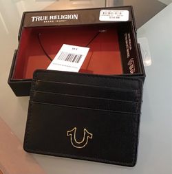 TRUE RELIGION~Black Leather 6 Slot Card Holder~Compartment Middle~RFID Protection~Gift Box~NEW