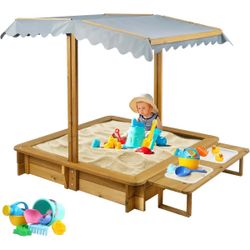 Wooden Sandbox with Cover, Outdoor Sand Box with Lid 2 Side Buckets,Brown