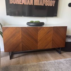 CB2 57” Walnut wood media console with marble top