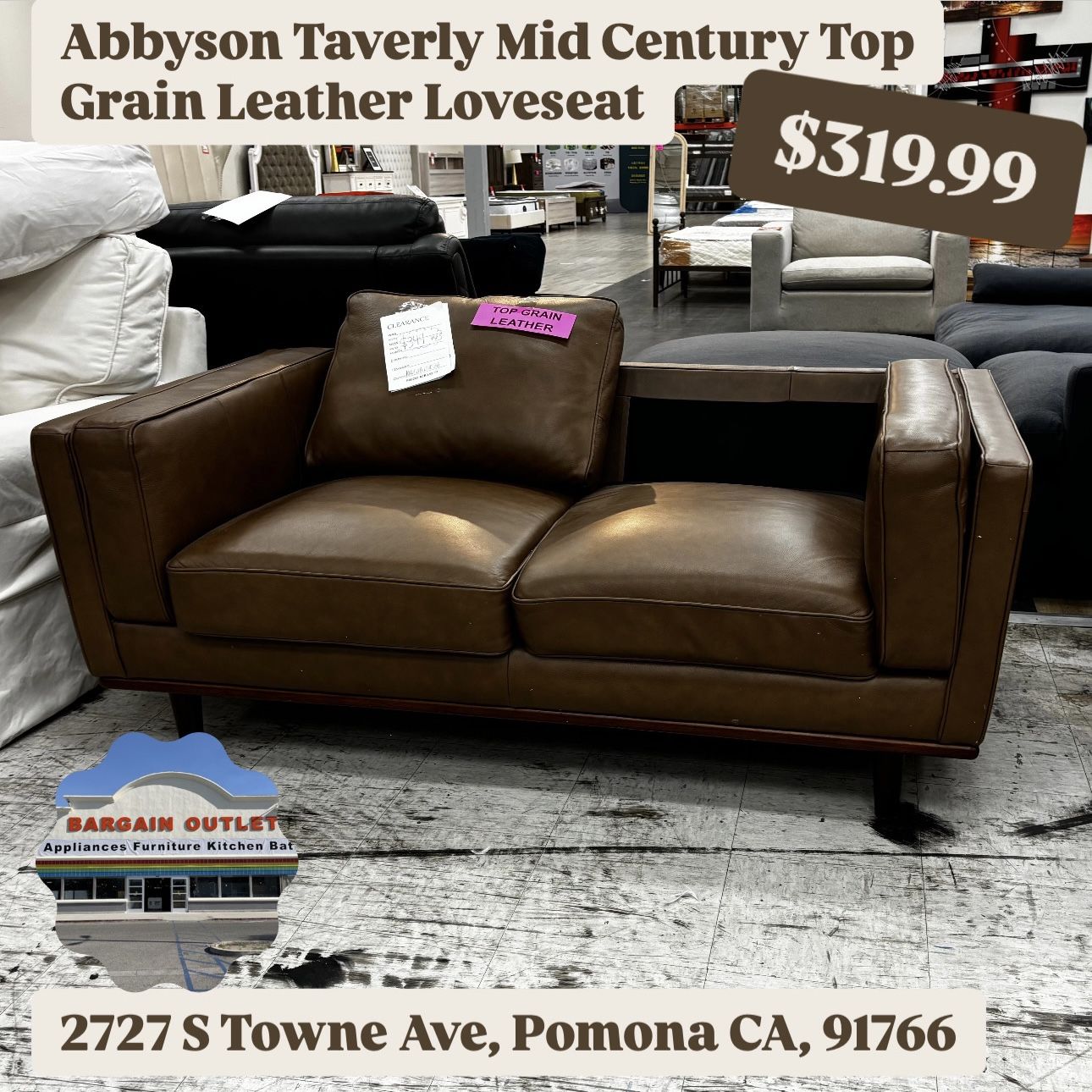 Abbyson Taverly Mid Century Top Grain Leather Loveseat