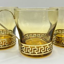 Set of 10 Vintage Libbey Amber Glasses with Greek Key Brass Handle