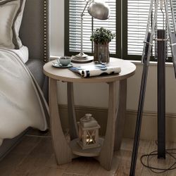 Rustic Farmhouse End Table with Storage Shelf, French Country Accent Side Table for Family, Dinning or Living Room, Small Spaces, Modern, Round, Vinta