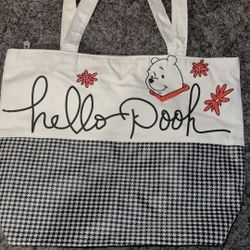 Hello Pooh White Canvas Tote Bag with Red flowers 
