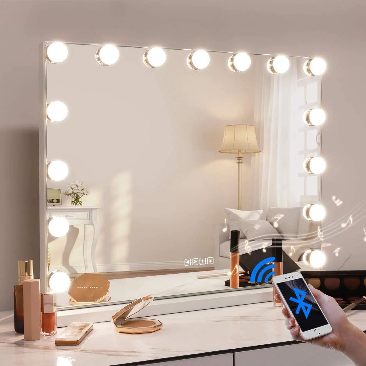 FENCHILIN Large Hollywood Vanity Mirror with Lights Bluetooth Tabletop Wall Mount Metal White White - 22.8" x 18.1"