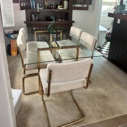 Cream Gold Luxury Glass Dining Set For 6