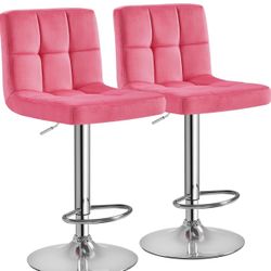 Yaheetech Pink Bar Stools Set of 2, Adjustable Velvet Barstools, Modern Counter Height Swivel Stool with Bigger Base for Kitchen Island, Pink