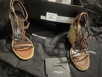 Saint Laurent YSL Logo Cassandra 105 Ankle Strap Espadrille Wedge Sandal Heel Size 8