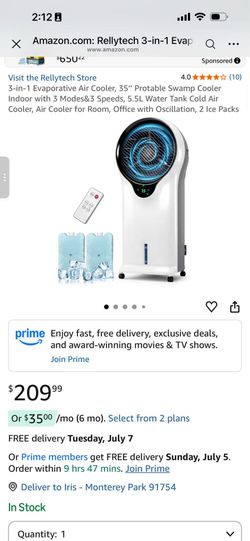 3-in-1 Evaporative Air Cooler, 35’’ Protable Swamp Cooler Indoor with 3 Modes&3 Speeds, 5.5L Water T