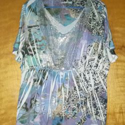 Cato Women's Size 22/24 Boho Abstract Sequined Short Sleeve Tunic Blouse
