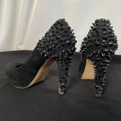 Sam Edelman Black Studded Platform Pumps Stiletto Heels Spikes Rhinestones Suede Size 8 ($175 Retail)