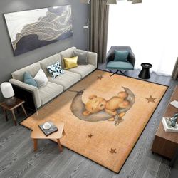 Area Rugs Watercolor Hand Draw Brown Bear boy Sleeping on The Moon with Floor Ca