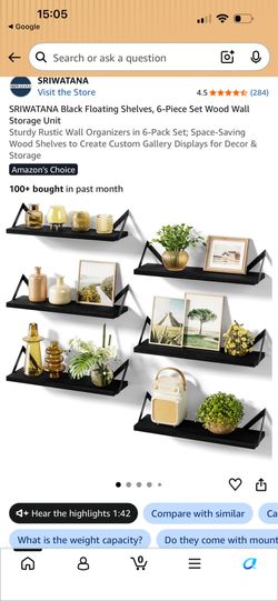 Black Floating Shelves, 6-Piece Set Wood Wall Storage Unit