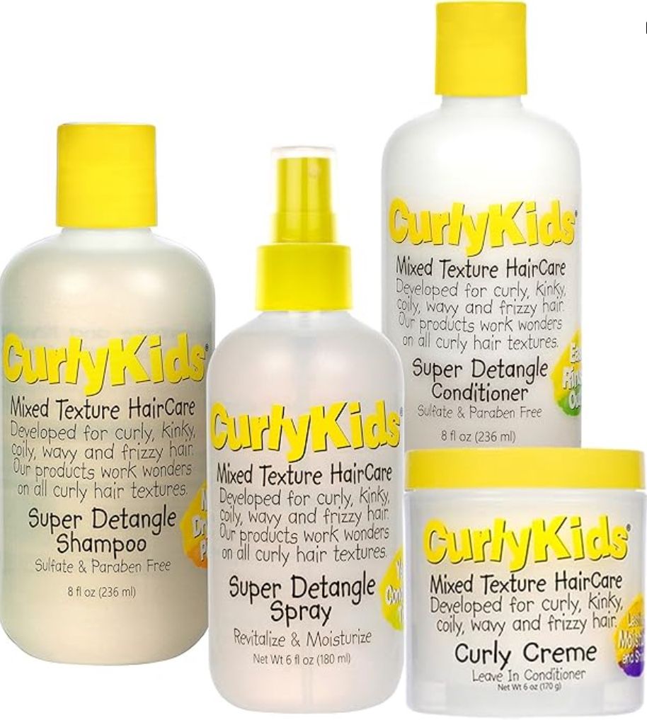 CurlyKids Textured Hair Care Set with Hair Detangler Spray, Kids Shampoo, Conditioner & Creme for Curly, Frizzy, & Wavy Hair | Sulfate & Paraben-Free 
