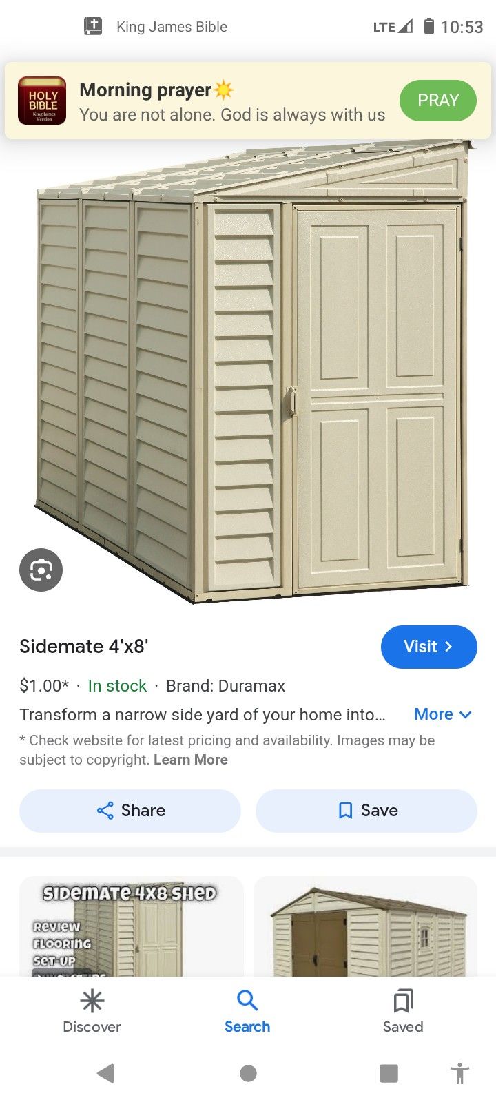 Duramax Sidemate 4'X8' Shed. Brand New In Box. Assembly Available W/ Delivery. 