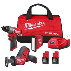 M12 FUEL 12-Volt Li-Ion Brushless Cordless Hammer Drill Combo Kit, Reciprocating Saw, Flood Light w/2 Batteries (3-Tool)