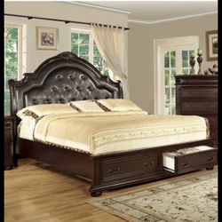 King Size Bed Frame With Storage Drawers Mahogany & Leather