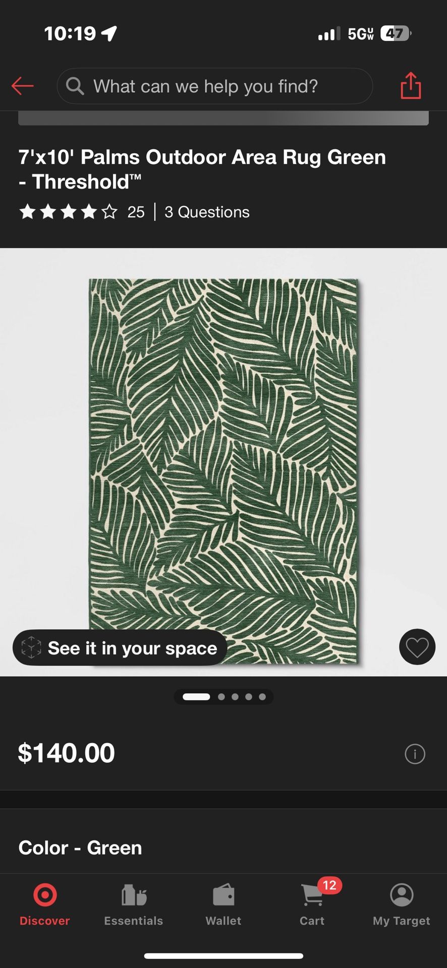 7'x10' Palms Outdoor Area Rug Green - Threshold™