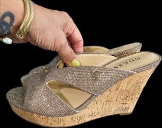 GUESS Metallic Gold Glitter Cork Wedge Slides