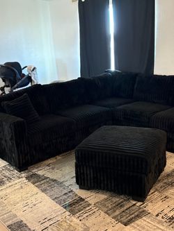 Black Corduroy Sectional Sofa with Ottoman