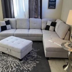 Grey Linen Sectional Couch And Ottoman