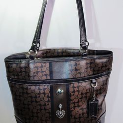 Coach Chelsea Heritage Stripe Brown Signature Leather Tote Double Bag F15137