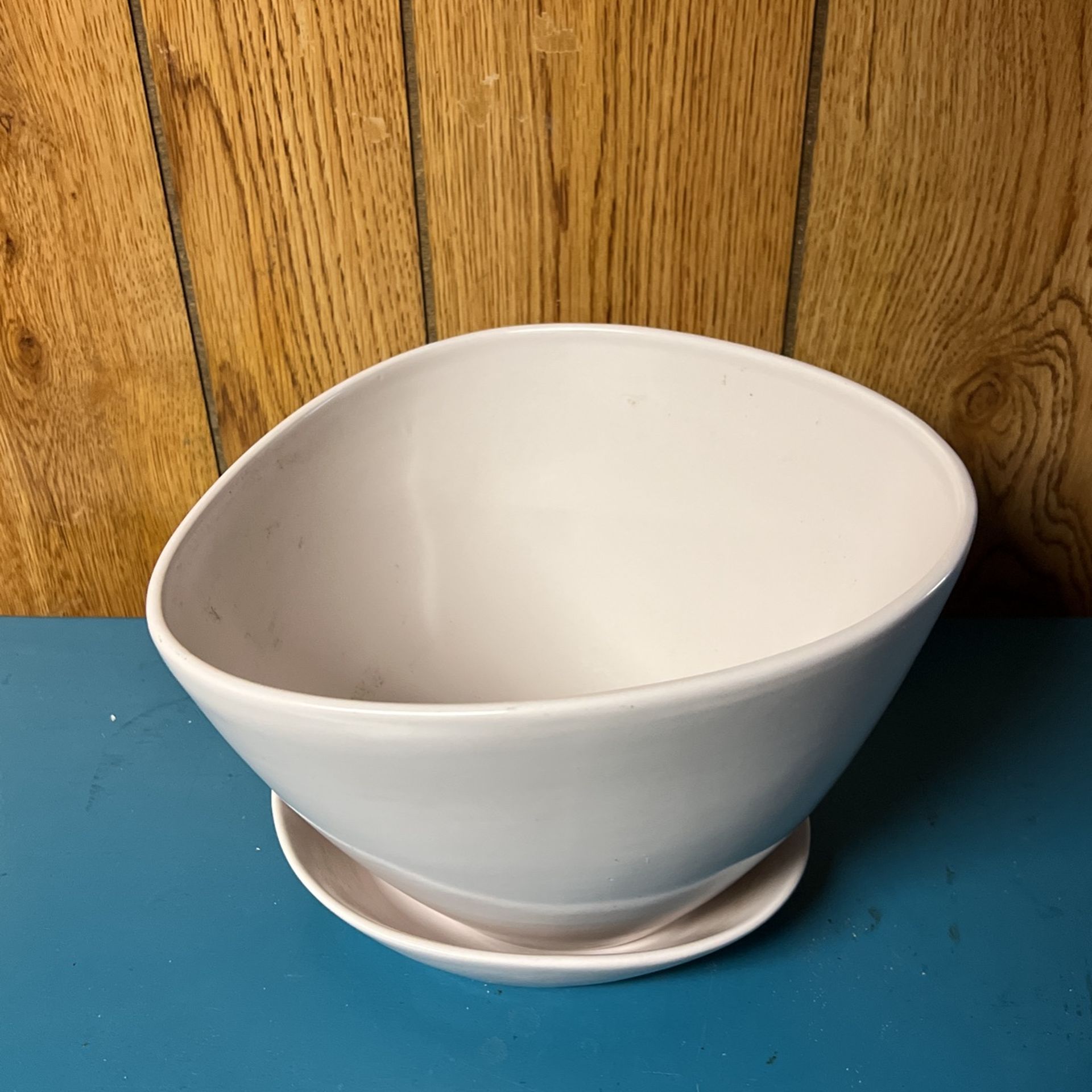 White Ceramic Pot with Saucer, Triangle Shaped9.5” 