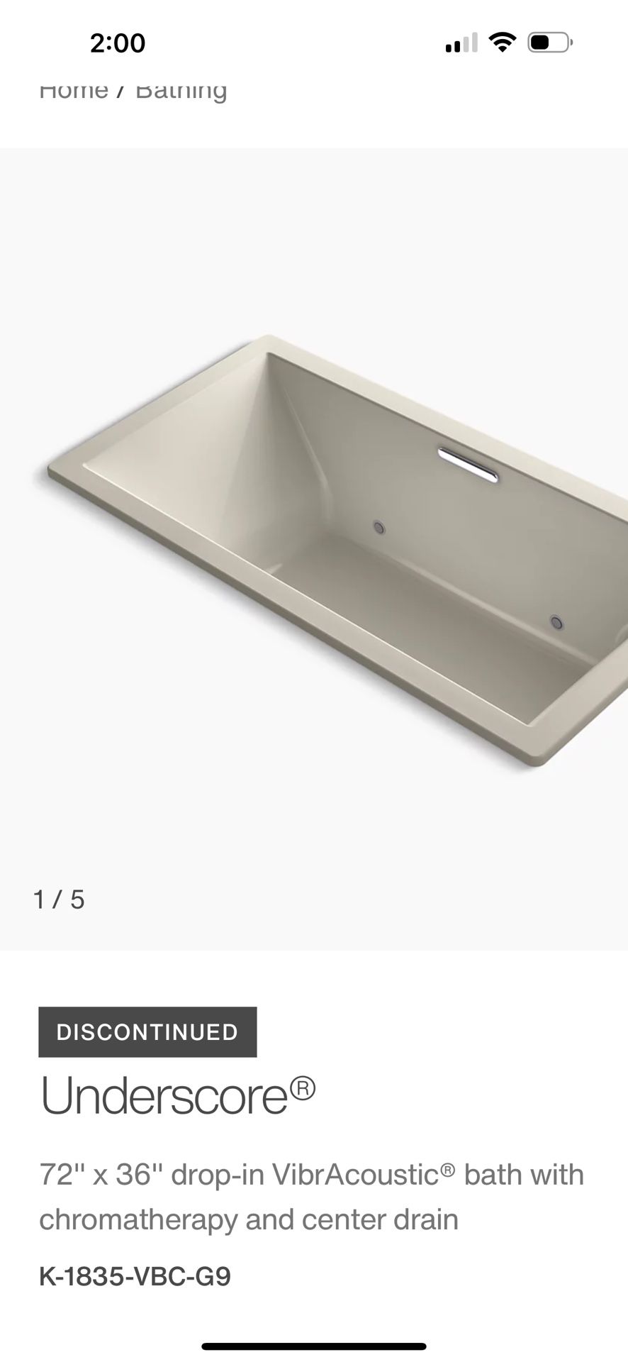 Kohler Underscore® 72" x 36" drop-in VibrAcoustic® bath with chromatherapy and center drain K-1835-VBC-G9 New in box 