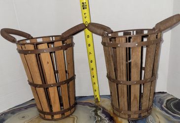 2 Vintage Slat Teak Wood Basket Cast Iron Handles 9” Tall Apple Bushel Gathering