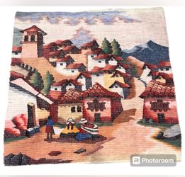 Vintage Peruvian Wool Tapestry Hand Woven Village Scene.