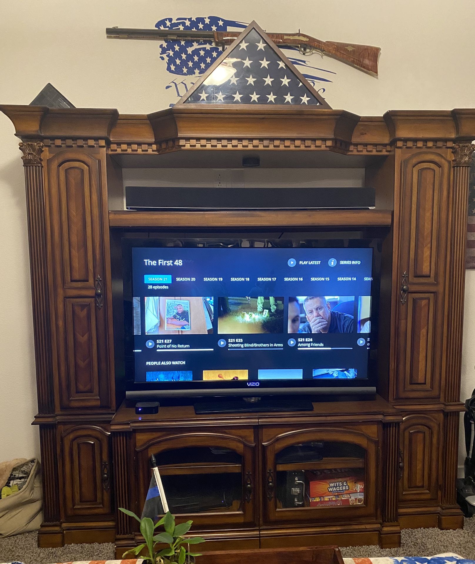 Adjustable Heavy Solid Cherry Wood Tuscan Style Entertainment Center with Storage