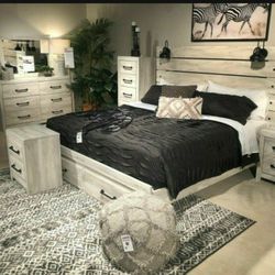 Cambeck Whitewash Footboard Storage Bedroom Set ✔ Queen And King Bed Frame 1129
