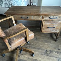 Pottery Barn Rustic Wood Desk & Matching Distressed Leather Chair Set