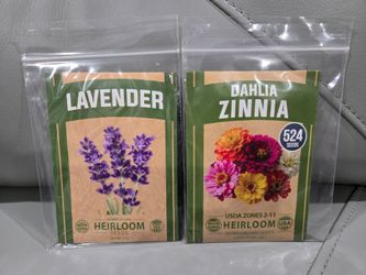 NEW Set Of 2 lavender (1.5g, 212 seeds) & dahlia zinnia (3.5g, 524 seeds) heirloom seeds made in USA