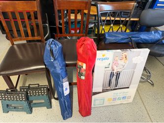 Multiple items: Chairs, step stools, baby gate