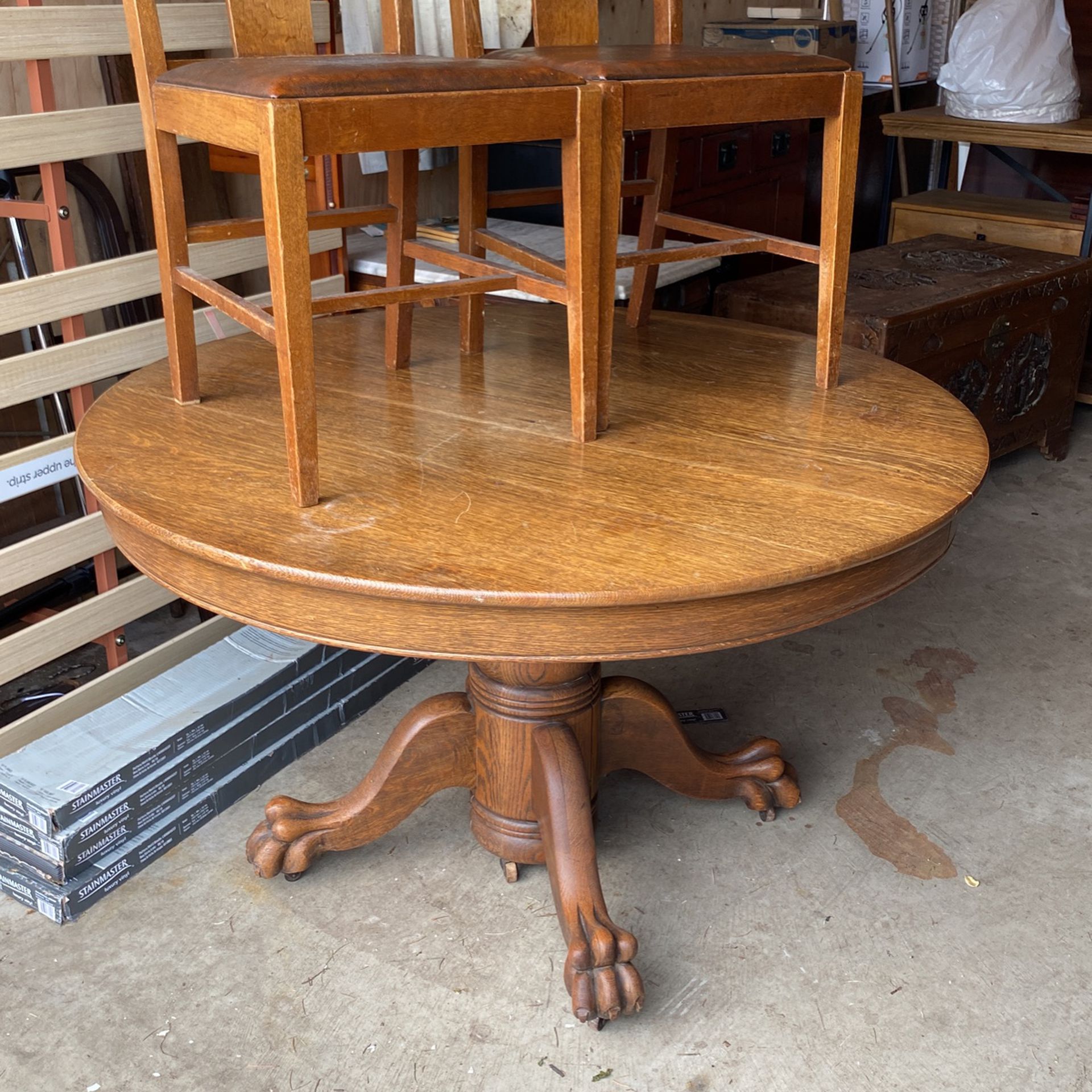 Antique Oak Claw foot Table W Six Chairs