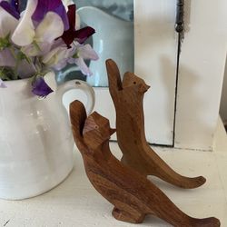 Vintage MCM Hand Carved Wooden Cats Figurine Stretching Cats 