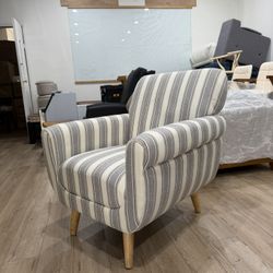 Century Accent Chair with Stripe Pattern, Modern Linen Fabric Armchair with Wood Legs, Club Chair for Living Room, Comfy Upholstered Side Chairs for B