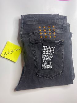 Ksubi Washed Black Denim Jeans – Distressed Knees, Orange Cross & Dollar Embroidery