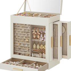 Jewelry Box with Glass Window, 5-Layer Jewelry Organizer with 3 Side Drawers, Jewelry Storage, with Big Mirror, Modern, 6.1 x 10.3 x 12.6 Inches, Clou