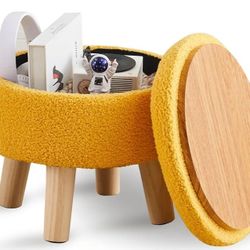 Wimarsbon Storage Ottoman, Modern Round Footrest with Soft Padded Seat, Teddy Velvet Footstool with Wood Legs, Accent Small Table or Plant Stand for H