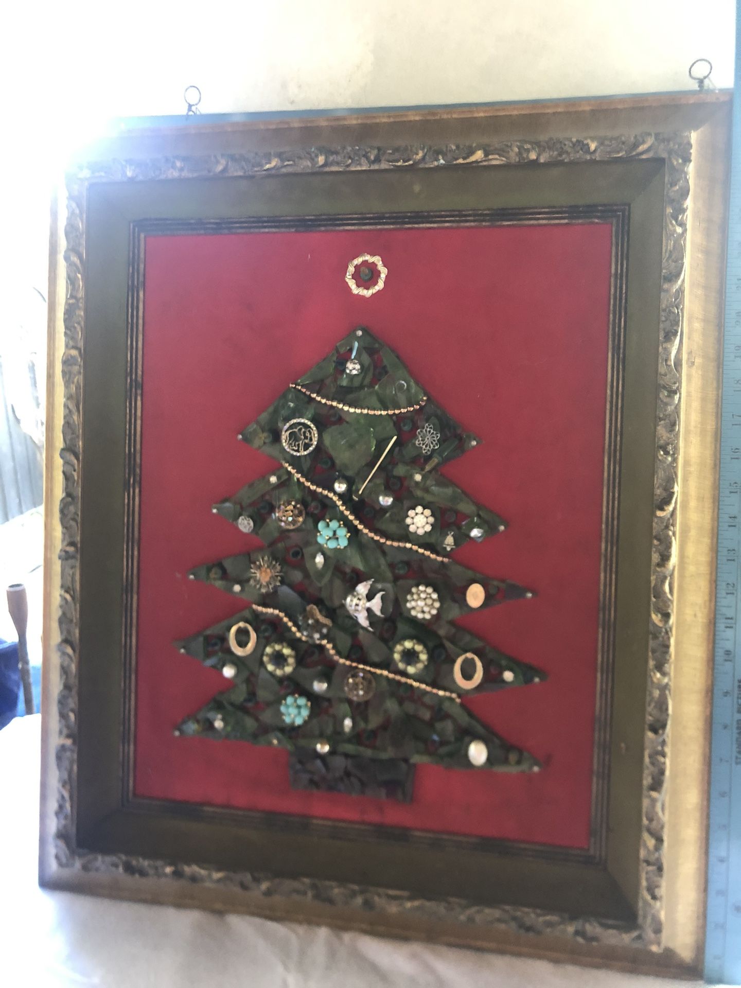 Vintage, unique ornate wood, framed Christmas tree with Seaglass and Jewels
