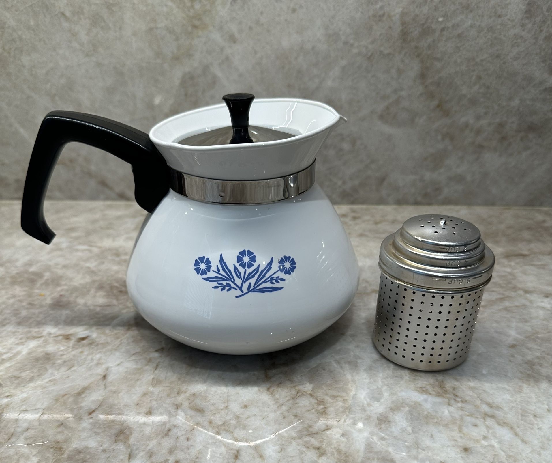 Vintage Corning Ware Enamel Blue Cornflower Teapot  with Tea Strainer 