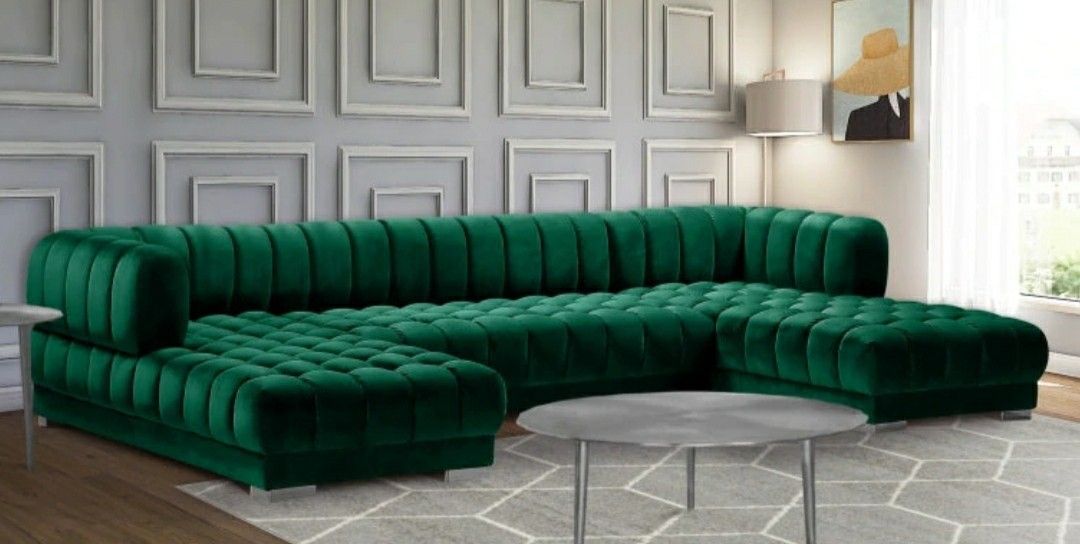 Gwen Velvet 3-Piece Double Chaise Green Sectional