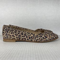 Toms Julie Size 8.5 Women Shoes Tan Brown Black Suede Leopard Print Ballet Flats