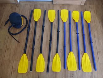 Inflatable boat oars and pump