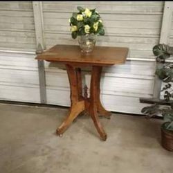 1700s Eastlake Style Antique Parlor Side Table On Wooden Wheels 29×28
