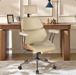 Mid-Century Modern Ergonomic Office Chair with Headrest, Faux Leather & Wood Frame
