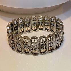 Vintage Art Nouveau Flower Rhinestone Stretch Bracelet