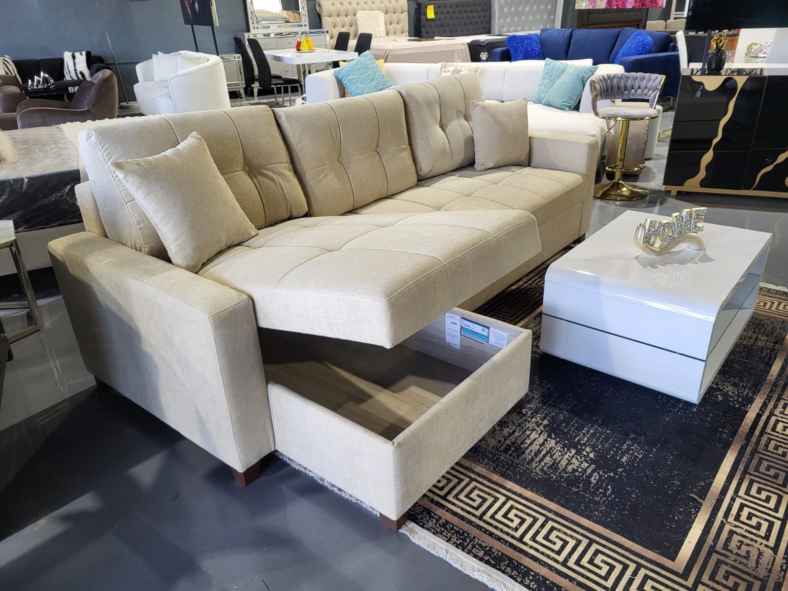 REVERSABLE SLEEPER SECTIONAL SOFA CREAM GRAY BROWN FABRIC 101×60